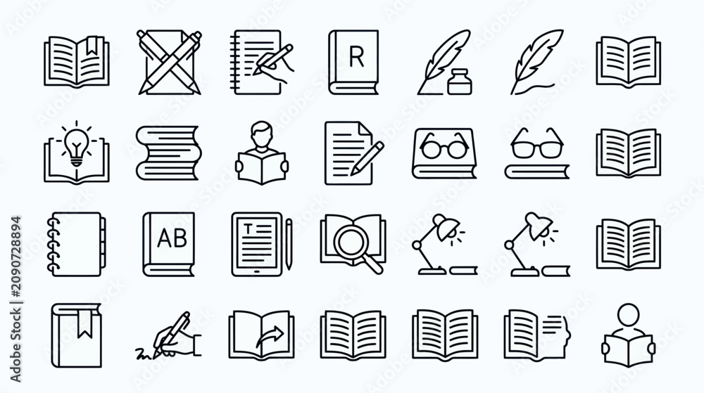 Fototapeta premium Reading and writing line icon set for education and literature
