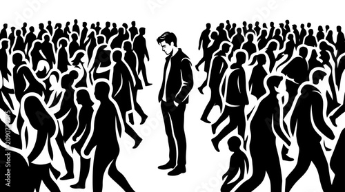 Tableau sur toile Man stands alone in crowd, loneliness, isolation, social disconnect, individuali