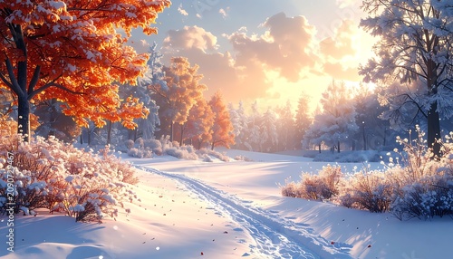 A serene snowy road through a forest during sunset