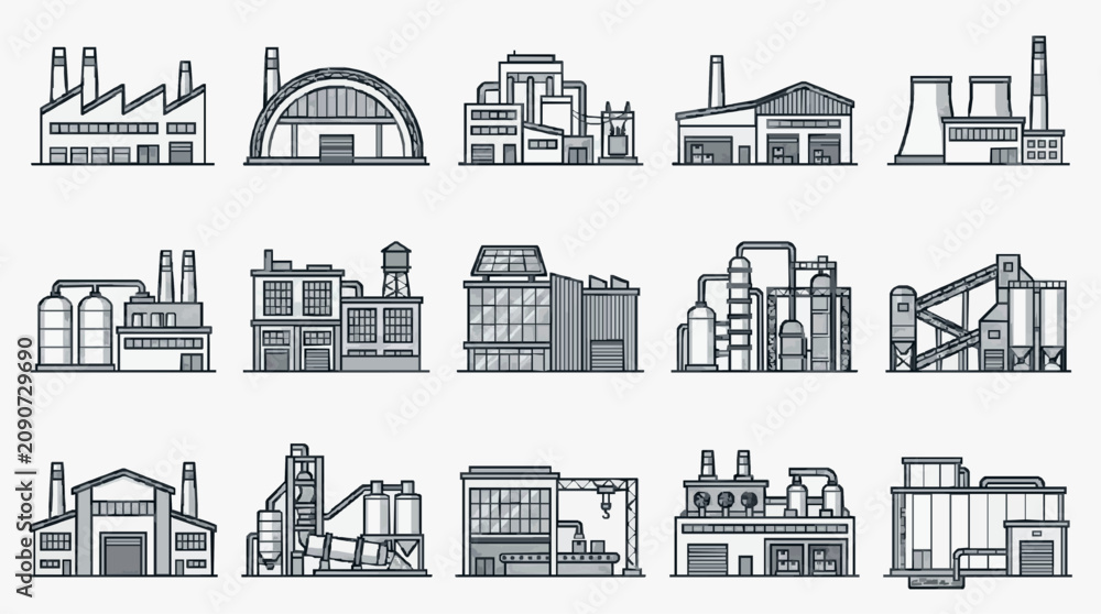 Obraz premium Creative Set of 15 Monochrome Industrial Building Illustrations Showcasing Factories Warehouses and Production Facilities