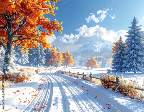 A serene snowy road with vibrant autumn trees and majestic mountains