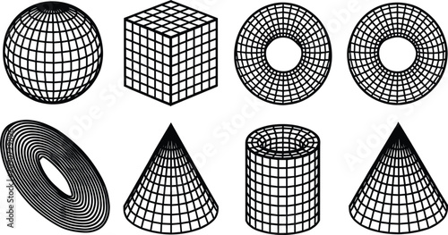 Canvas Print Abstract 3D wireframe geometric shapes collection featuring black grid line art