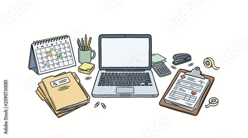 Organized Desk with Laptop Calendar and Office Supplies.