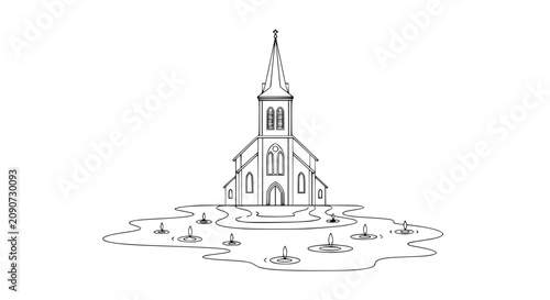 Foto Hand-drawn church surrounded by stylized graves and flowing water, symbolic illu