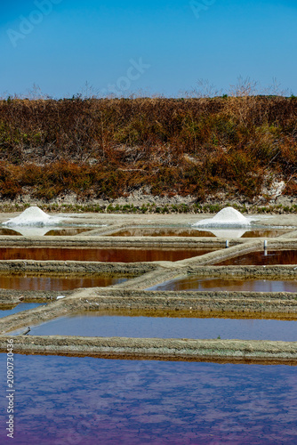 Geometric evaporation clay pans with pink water and harvested white sea salt piles in a traditional working salt marsh in Ile de Re, France.
