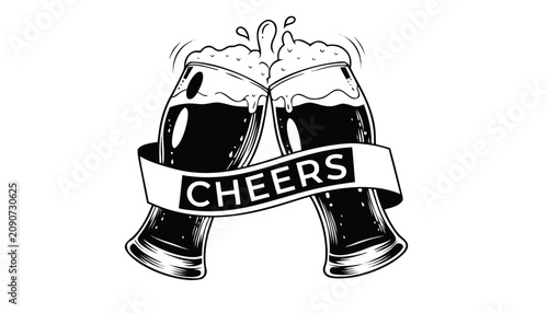 Canvas Print Very beautiful black and white realistic vector illustration of two beer glasses
