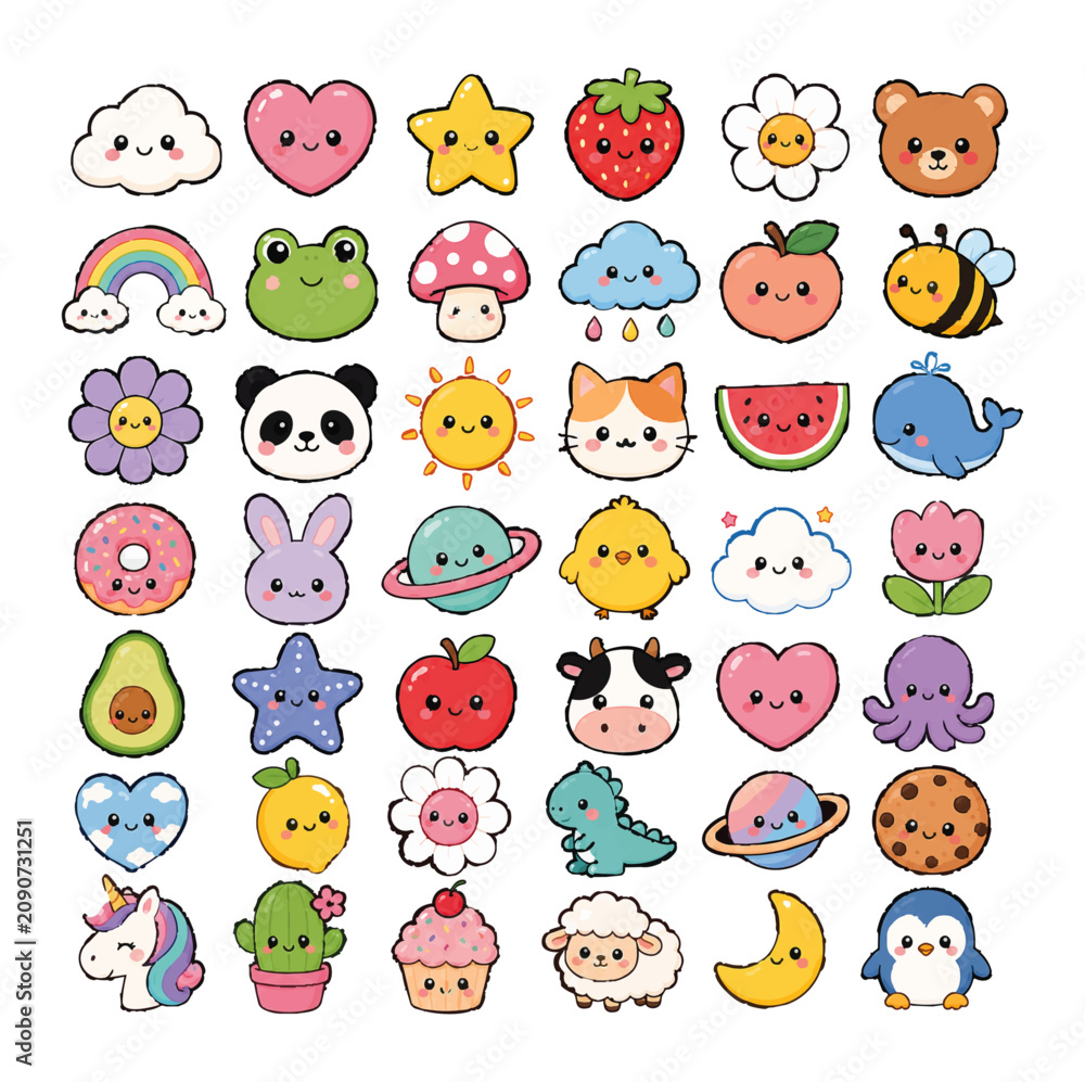 Obraz premium Cute Kawaii Pastel Icon Set with Animals Fruits Clouds Stars and Kids Shirt Graphics