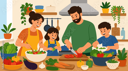 Happy family cooking together in a bright cozy kitchen vector illustration, parents and children preparing fresh vegetables, salad and dinner, healthy home meal with warm togetherness