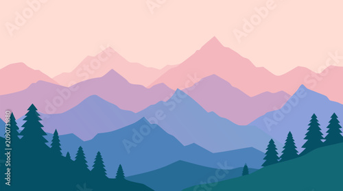 Layered paper cut mountain panorama in soft pastel gradients, pink peaks and blue valleys with evergreen silhouettes, serene alpine landscape vector background for travel, nature and wellness branding