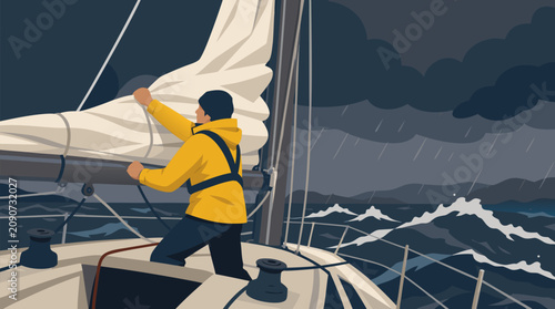 Sailor in yellow rain gear calmly folding sail on yacht during sudden squall, dark storm clouds, heavy rain and rough ocean waves in dramatic nautical resilience scene for adventure travel