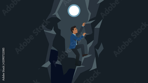 Determined businessman climbing jagged dark chasm toward glowing circular light, symbolizing career breakthrough, ambition, resilience, hope, success, escape from crisis and overcoming adversity