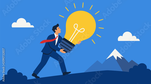 Determined businessman carrying glowing lightbulb up a blue hill, inspiring vector concept for breakthrough ideas, innovation, startup vision, leadership, strategy, success, and creative solutions