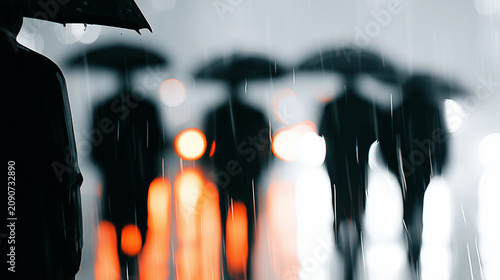 Silhouette of a person with umbrella standing in the rain with a blurred crowd and city lights in the background.