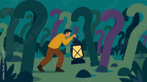 Determined figure carrying a heavy glowing lantern through a dark forest of leaning question marks, surreal vector concept for uncertainty, curiosity, problem solving, doubt, and seeking answers