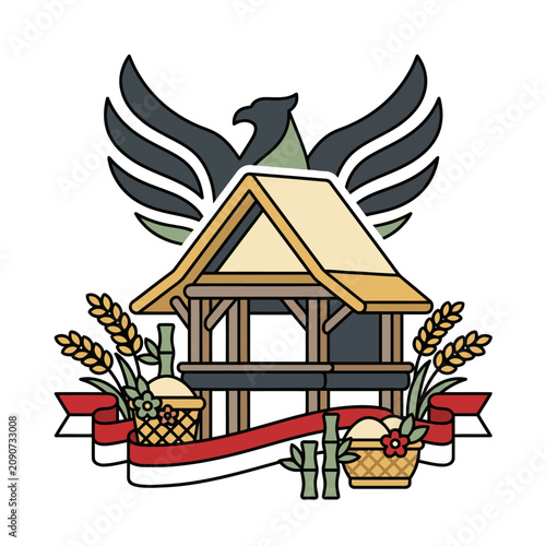 Elements of Indonesia Independence Day with traditional house and eagle