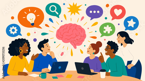 Diverse creative team brainstorming vector illustration around a glowing floating brain, colorful idea bubbles, laptops, inclusive coworkers, innovation strategy and collaborative startup energy