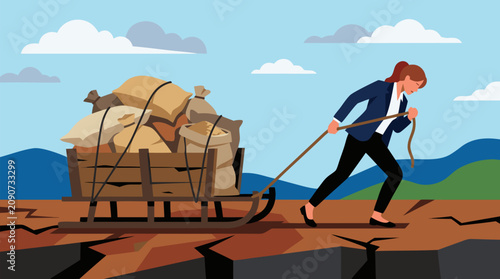 Determined businesswoman pulling overloaded sled of sacks across cracked ground, symbolizing corporate burden, debt pressure, burnout, resilience, leadership struggle, and economic hardship vector