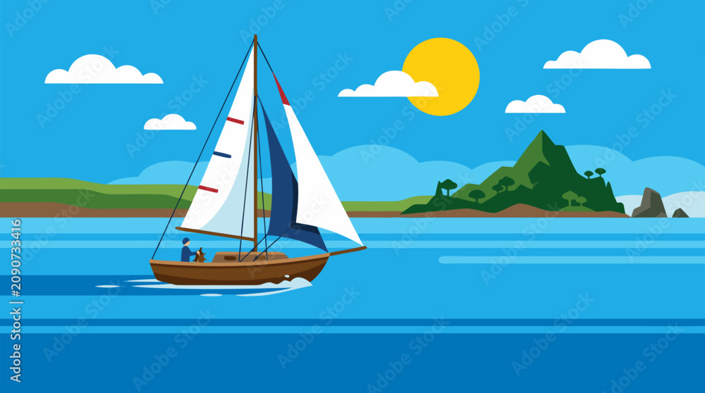 Naklejka premium Sailboat cruising across calm turquoise water toward a lush distant island under bright sun and clouds, serene travel adventure flat vector illustration for vacation boating tourism