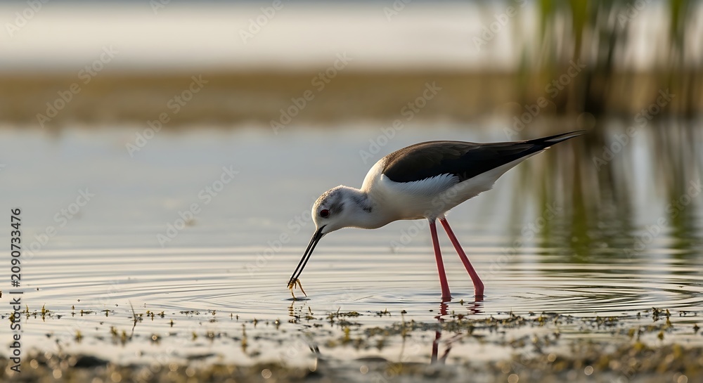 Fototapeta premium Graceful Common Crane Wading through Calm Wetland Water.