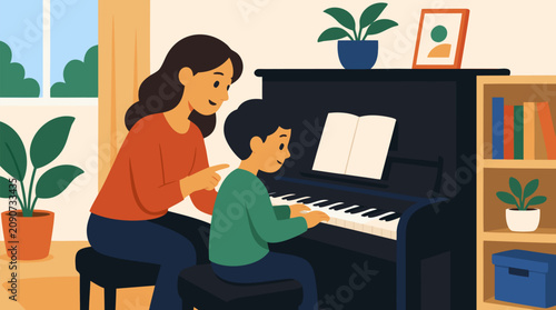 Patient music teacher coaching a young child at an upright piano in a cozy home lesson, open sheet music, plants and books, nurturing education scene in warm flat vector style for creative practice