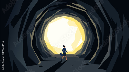 Tiny businesswoman walking toward enormous bright light at the end of a dark tunnel, hope after challenge, career transformation and resilient progress metaphor for opportunity vector illustration