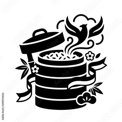 Stylized food container with phoenix symbol representing Indonesian culture