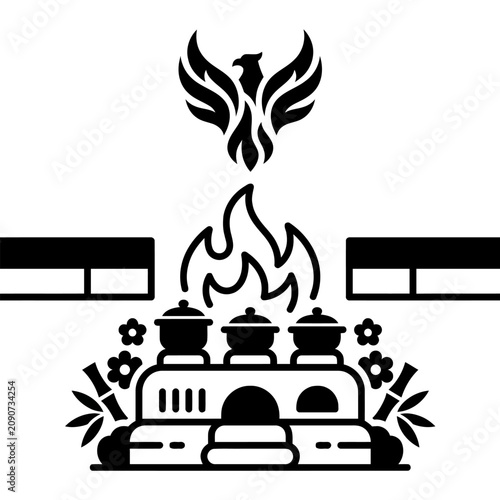 Illustration of flame and pots with phoenix emblem in Indonesian celebration
