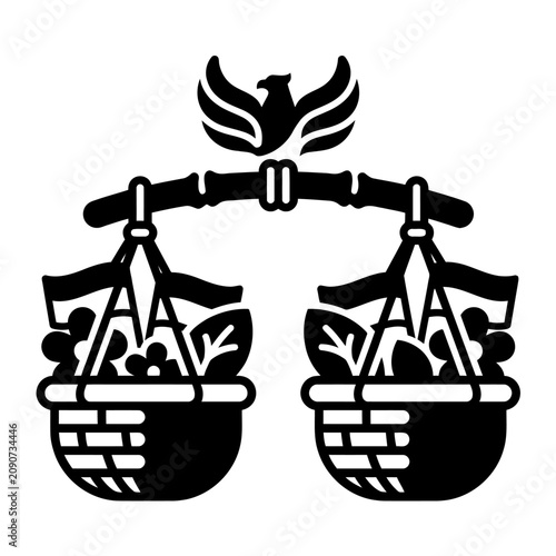 Traditional symbol of balance with baskets and eagle in Indonesian heritage