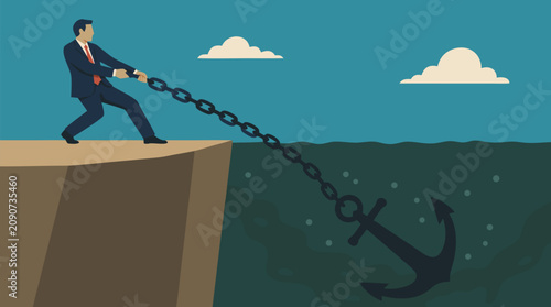 Determined executive pulling a massive anchor chain from murky water, business burden and crisis management metaphor, leadership struggle, risk recovery and resilience vector illustration