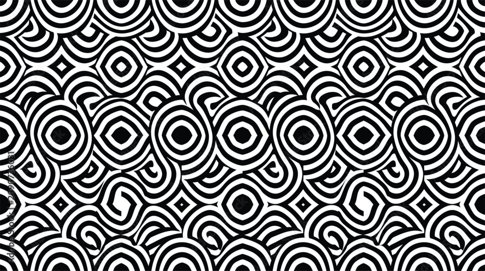 Obraz premium Geometric spiral pattern monochrome vector illustration with repeating shapes