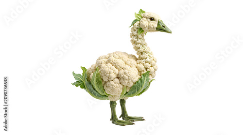 A surreal sculpture of a bird shaped entirely from fresh white cauliflower florets and green leaves on a clean white background, isolated studio shot of vegetable creation