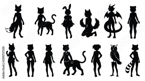 Photos Furry character silhouettes set, 12 anthropomorphic animal avatars in black vect