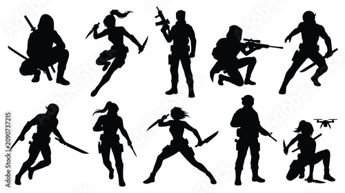Obraz na płótnie Tactical assassin silhouettes set, 10 mercenary character vectors with weapons,