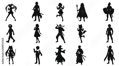 Obraz na plátně Anime character silhouettes set, 15 manga style warrior and fantasy figures, bla