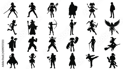 Fotografie Anime character silhouettes, 24 fantasy manga hero and villain icons, black vect