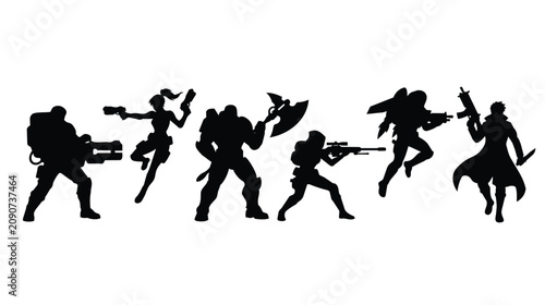 Foto Sci-fi soldier silhouettes with futuristic weapons, 6 action character poses for gaming