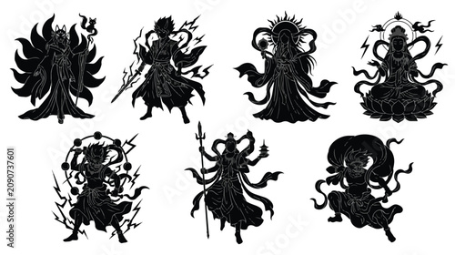 Fotografía Japanese mythology deity silhouettes, set of 7 black vector gods and goddesses,