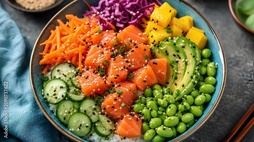 Fresh Salmon Poke Bowl with Avocado, Edamame, Cucumber and Sesame Seeds - Traditional Hawaiian Raw Fish Rice Bowl with Mango, Carrots, Purple Cabbage, Green Onions and Soy Sauce Dressing