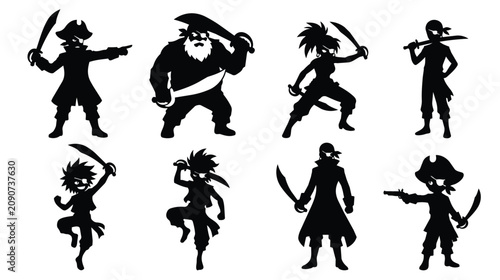Pirate silhouette collection with 8 unique characters, black buccaneer figures with swords and cutlasses, nautical adventure vector set for gaming
