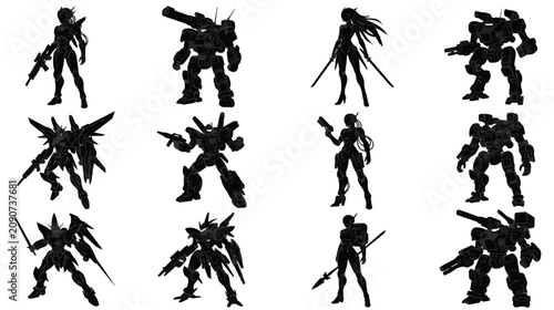 Obraz na plátně Futuristic mecha and cyborg silhouettes, set of 12 sci-fi robot and warrior char