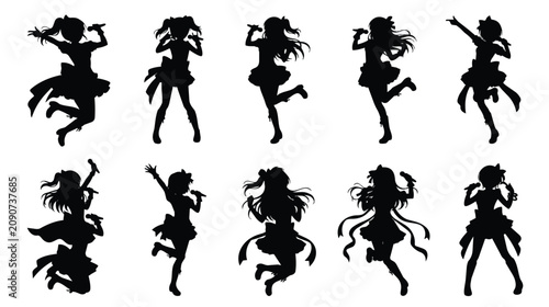 Schilderij op canvas Anime idol girl silhouettes, 10 pop singer vector characters in frilly dresses,