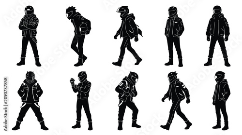 Foto Biker silhouette vector set, 10 motorcycle rider characters in black gear, urban