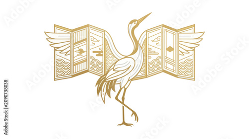 Golden crane standing before a traditional folding screen