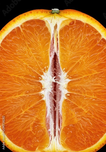 Detailed close up of a vibrant orange showing the thick layer of soft white pith separating the outer peel from the juicy internal segments ,juicy ,bright ,vitamin