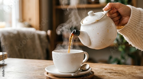Close-up of hand pouring steaming amber tea from rustic speckled white ceramic teapot into white cup on saucer with spoon, creating cozy warm ritual moment with soft natural light on wooden table