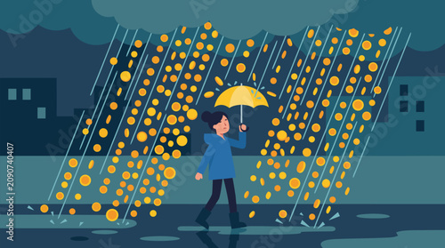 Woman sheltering under tiny yellow umbrella during heavy storm of falling coins, night city vector metaphor for money pressure, financial risk, recession, debt, and economic uncertainty