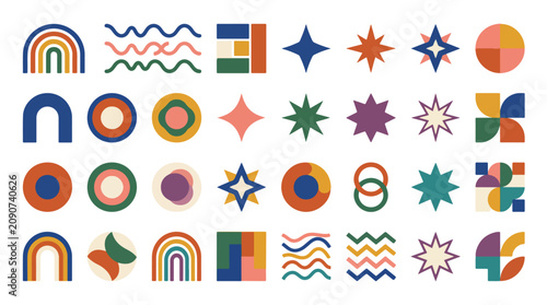 Vibrant shapes icons, colorful geometric symbols, abstract elements, 30 modern design elements