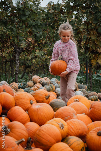 Foto Small child wearing knit sweater and pants holds medium orange pumpkin while ste