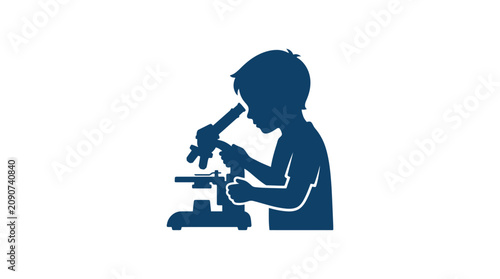Blue silhouette of a child looking through a microscope.
