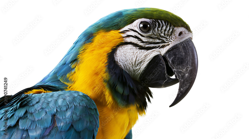 Fototapeta premium Blue and yellow macaw parrot head with vibrant feathers, isolated on transparent background
